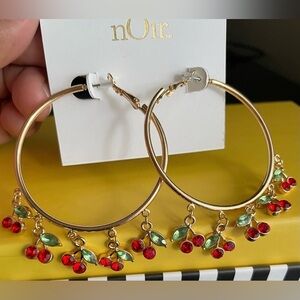 Cherry  Earrings, nOir Gold Hoop Earrings with Red and Green Cherry Charms